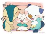  ^_^ beak blush closed_eyes cyndaquil fang heart hug kiirono no_humans open_mouth oshawott pokemon pokemon_(creature) pokemon_legends:_arceus rowlet signature simple_background starter_pokemon_trio 