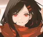  1girl black_hair chongzhen_085 close-up hair_ornament hairclip kagerou_project long_hair looking_at_viewer parted_bangs red_eyes red_scarf scarf smile solo tateyama_ayano teeth 