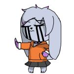  2023 absurd_res ambiguous_gender anthro bottomwear canid canine chibi clothing eyes_closed facial_markings fur grey_body grey_fur hand_on_hip head_markings hi_res hoodie mammal markings paws purple_eyes renv skirt solo stop_gesture topwear 