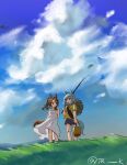  2girls aged_down animal_ears arms_behind_back bandaid bandaid_on_knee bandaid_on_leg bare_shoulders blue_eyes blue_hair blue_shorts blue_sky brown_eyes brown_hair bucket carrying_over_shoulder cloud cloudy_sky commentary_request day dress eye_contact fanny_pack fishing_rod floating_hair grass hat hat_around_neck highres holding holding_bucket holding_fishing_rod horse_ears horse_girl horse_tail king_halo_(umamusume) light_blue_hair looking_at_another looking_to_the_side medium_hair mountainous_horizon multiple_girls outdoors ponytail seiun_sky_(umamusume) shirt shorts sky sleeveless sleeveless_dress smile spaghetti_strap standing straw_hat summer sundress t-shirt tail tarako twitter_username umamusume wind wind_lift yellow_shirt 