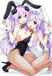  2girls :d ;d adult_neptune animal_ears bare_shoulders black_footwear black_leotard blush bow bowtie breasts cleavage collar commentary_request d-pad d-pad_hair_ornament detached_collar fake_animal_ears fishnet_pantyhose fishnets full_body hair_between_eyes hair_ornament hand_on_another&#039;s_back hand_up high_heels highres iwashi_dorobou_-r- kneeling large_breasts leotard long_hair looking_at_viewer multiple_girls nepgear neptune_(series) one_eye_closed open_mouth pantyhose playboy_bunny purple_eyes purple_hair rabbit_ears rabbit_tail red_bow red_bowtie shadow simple_background smile strapless strapless_leotard tail very_long_hair white_background white_collar white_footwear white_wrist_cuffs wrist_cuffs 