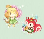  2girls :&gt; ;&gt; animal_crossing apron arm_up artist_name basket blonde_hair blue_butterfly blush blush_stickers bow bright_pupils brown_eyes bug butterfly buttons closed_mouth collared_dress collared_shirt commentary dated dog_girl dress english_commentary floral_print flower flower_wreath frilled_apron frilled_dress frilled_sleeves frills furry furry_female green_background green_bow green_dress hair_bow hair_flower hair_ornament head_wreath holding holding_basket hydrangea isabelle_(animal_crossing) lily_of_the_valley matchaneko multiple_girls one_eye_closed petals pinafore_dress pink_flower plaid plaid_dress poppy_(animal_crossing) puffy_short_sleeves puffy_sleeves purple_flower red_flower shirt short_sleeves simple_background sleeveless sleeveless_dress smile spring_(season) squirrel_girl standing topknot tulip waist_apron white_apron white_flower white_pupils white_shirt yellow_flower 