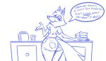 2023 anthro big_butt blue_and_white breasts briefcase butt canid canine canis dialogue english_text fangs female food great_wolf_lodge kitchen_counter mammal monochrome open_mouth pancake simple_background solo speech_bubble teeth text the_great_wolf_pack:_a_call_to_adventure unknown_artist white_background wide_hips wiley&#039;s_mom wolf 