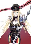  1girl absurdres azur_lane bismarck_(azur_lane) bismarck_(coat_of_arms) blonde_hair blue_eyes breasts cape cleavage closed_mouth coat_of_arms cowboy_shot cross flag fur-trimmed_cape fur_trim hat highres holding holding_flag large_breasts long_hair looking_at_viewer medal military military_hat military_uniform orange_sky peaked_cap simple_background sky smile solo suprii uniform white_background 