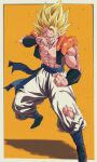  1boy abs arm_up baggy_pants biceps blonde_hair blue_footwear blue_sash boots border bracer bure_(fantasticyouth7) clenched_hands collarbone commentary_request dragon_ball dragon_ball_z full_body gogeta green_eyes hand_up highres looking_at_viewer male_focus metamoran_vest muscular muscular_male one_eye_closed open_clothes open_mouth open_vest orange_background outside_border pants pectorals sash scratches simple_background solo spiked_hair standing super_saiyan super_saiyan_1 teeth tongue torn_clothes torn_pants v-shaped_eyebrows vest white_border white_pants 