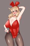  1girl absurdres animal_ears bare_shoulders blonde_hair blue_eyes blush breasts calenda_(kemono_friends) dog_haru73 grey_background highres huge_breasts kemono_friends kemono_friends_3 large_breasts long_hair looking_at_viewer open_mouth pantyhose playboy_bunny rabbit_ears rabbit_girl simple_background solo 