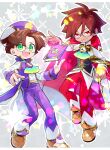  2boys analog_clock ascot book brooch brown_hair cape clock closed_mouth coattails collared_cape collared_shirt full_body glasses gold_trim green_eyes hair_between_eyes hat highres jewelry klug_(puyopuyo) long_sleeves looking_at_viewer male_focus multiple_boys official_alternate_costume open_mouth outline puyo_(puyopuyo) puyopuyo puyopuyo_quest red_eyes shirt short_hair smile smirk sparkle strange_klug tekuteko thighlet vest white_outline white_shirt 