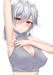  1girl absurdres arm_up armpits blue_eyes blush breasts cleavage grey_hair hair_between_eyes highres kantai_collection kiritto large_breasts long_hair looking_at_viewer one_side_up simple_background sleeveless solo suzutsuki_(kancolle) sweat upper_body 