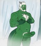  blush caught chernobog_kuzarnak dragon embarrassed erection genitals hi_res humanoid hybrid male musclegut nipple_fetish nipple_play nipples orc pecs penis vajtheunholy waterfall 