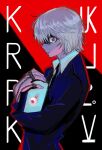  1other androgynous black_background black_suit blonde_hair chain character_name disembodied_eye eyeball formal from_side hunter_x_hunter jewelry kurapika long_sleeves looking_at_viewer necktie neile profile red_background red_eyes ring shirt short_hair solo suit thumb_ring two-tone_background white_shirt 