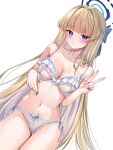 1girl blonde_hair blue_archive blue_eyes blue_nails blush bra breasts choker cleavage closed_mouth groin halo highres katsushika_pachi lingerie long_hair medium_breasts navel panties revision simple_background smile solo stomach thighs toki_(blue_archive) underwear underwear_only v very_long_hair white_background white_choker 