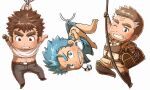  3boys abs ass ass_peek bara beard blue_eyes blue_hair blue_male_swimwear blush brown_hair character_request chibi clenched_teeth clothes_lift cross_scar facial_hair fins fish_boy forked_eyebrows full_body goatee grin jewelry keychain long_sideburns male_focus male_swimwear mature_male multicolored_hair multiple_boys muscular muscular_male necklace one_eye_closed outstretched_arms pants pirate rope sample_watermark scar scar_on_face scar_on_forehead shell_necklace shirt shirt_lift short_hair shoukan_yuusha_to_f-kei_kareshi sideburns smile spread_arms stomach streaked_hair stubble sunfight0201 swim_briefs takabushi_kengo teeth thick_eyebrows tokyo_afterschool_summoners treasure_chest triton_(housamo) upside-down white_shirt 