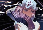  1girl artist_logo blast-7 blue_headwear bright_pupils folding_fan hand_fan hat highres holding holding_fan looking_at_viewer mob_cap open_mouth pink_eyes pink_hair portrait saigyouji_yuyuko short_hair solo touhou triangular_headpiece white_pupils 