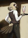  absurd_res anthro avian beverage bird bottomwear clothing female fish_birb hi_res looking_back milkshake millie_(fish_birb) oscine pants passerine solo starling_(bird) tail topwear vest waiter waiter_tray 