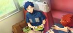  2boys amagi_hiiro bag blue_hair brown_bag buttons collared_shirt cowboy_shot dark_blue_hair earrings ensemble_stars! fingernails food fushimi_yuzuru grass happy_elements holding_bento hoop_earrings indoors jewelry keito_lecture_(ensemble_stars!) looking_to_the_side male_focus mole mole_under_eye multiple_boys official_art open_clothes purple_eyes shirt short_bangs short_hair short_sleeves sitting third-party_source undercut watch window wristwatch 