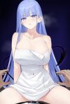  1boy 1girl absurdres akitaka_akita blue_eyes blue_hair blunt_bangs blush breasts collarbone demon_girl demon_tail highres large_breasts long_hair looking_at_viewer naked_towel open_mouth original pov pov_hands sitting sitting_on_person steaming_body tail towel very_long_hair white_towel 