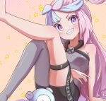  1girl blush bow-shaped_hair breasts character_hair_ornament hair_ornament highres iono_(pokemon) jacket leg_up long_hair looking_at_viewer medium_breasts multicolored_hair pantyhose pink_hair pokemon pokemon_(game) pokemon_sv rono_(lethys) sharp_teeth shirt sleeveless sleeveless_shirt sleeves_past_fingers sleeves_past_wrists smile solo teeth two-tone_hair yellow_jacket 