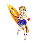  1girl alternate_costume blonde_hair blue_skirt braid brown_footwear brown_headwear closed_mouth collarbone flower full_body game_cg hair_ornament hair_ribbon highres holding holding_surfboard jacket kirisame_marisa kirisame_marisa_(magician_on_vacation) looking_at_viewer medium_hair mini-hakkero navel red_flower ribbon rotte_(1109) sandals side_braid simple_background single_braid skirt smile solo star_(symbol) star_hair_ornament star_print surfboard third-party_source touhou touhou_lost_word white_background white_ribbon yellow_eyes yellow_jacket 