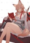  1girl absurdres animal_ear_fluff animal_ears arknights ass bare_legs bespectacled black_ribbon blue_eyes book breasts brown_hair can cat_ears cat_girl cleavage commentary commission couch dress english_text feather_boa feet_out_of_frame glasses hat hat_ribbon heidi_(arknights) highres holding holding_book holster infection_monitor_(arknights) large_breasts legs long_hair long_sleeves looking_down neck_ribbon open_book pouch reading rectangular_eyewear red_headwear red_ribbon ribbon shibuya_(kurokamishain) smile solo thighs white_dress 