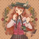  1girl animal_bag apple basket bird blush candy capelet cardigan chin_strap duck flower food fruit hat hat_feather heart heart_lollipop highres holding holding_basket holding_candy holding_food holding_fruit holding_lollipop lollipop long_hair long_sleeves looking_at_viewer low_twintails orange_hair original plaid plaid_skirt polka_dot polka_dot_background shaped_lollipop skirt sleeveless sleeveless_sweater smile solo striped_sleeves sweater twintails upper_body very_long_hair yellow_eyes yunoto_(conceit) 