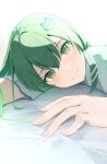  1girl absurdres frog_hair_ornament green_eyes green_hair hair_between_eyes hair_ornament highres kochiya_sanae light_blush long_hair looking_at_viewer lying on_side palulap perspective pov short_sleeves smile solo touhou upper_body 