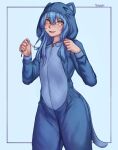  1other animal_hood artist_name blue_hair blue_pajamas blush cat_tail cowboy_shot hair_between_eyes hands_up highres hood hood_up long_hair long_sleeves onesie pajamas rimuru_tempest seraziel smile tail tensei_shitara_slime_datta_ken yellow_eyes 