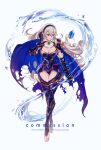  1girl armor black_hairband breasts cape cleavage commission corrin_(female)_(fire_emblem) corrin_(fire_emblem) fire_emblem fire_emblem_fates full_body grey_hair hairband highres large_breasts leotard long_hair pointy_ears purple_eyes simple_background smile solo sumustard thighs thong_leotard water watermark white_background white_hair 