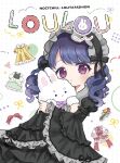  1girl absurdres black_dress black_hair commentary_request cottonplum cover cover_page doll_hug dress frilled_dress frills fukumaru_koito gothic_lolita hairband highres idolmaster idolmaster_shiny_colors lolita_fashion lolita_hairband looking_at_viewer object_hug purple_eyes solo stuffed_animal stuffed_rabbit stuffed_toy swept_bangs twintails wide_sleeves 