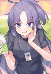  1girl alternate_costume blue_archive blurry blurry_background bottle breasts buruma commentary_request grass hair_ornament halo heavy_breathing highres id_card long_hair looking_at_viewer medium_breasts mi_taro333 open_mouth purple_eyes purple_hair solo water_bottle whispering yuuka_(blue_archive) 