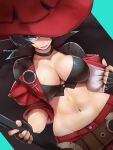  1girl black_choker black_gloves black_hair breasts choker cleavage fingerless_gloves gloves guilty_gear guilty_gear_strive hat i-no large_breasts looking_at_viewer mole mole_above_mouth navel red_headwear red_leather red_lips short_hair smile tinted_eyewear venus_symbol witch_hat yotasuta 