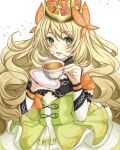  1girl :d bare_shoulders blonde_hair celine_(fire_emblem) commentary_request crown cup detached_sleeves dress fire_emblem fire_emblem_engage green_dress green_eyes hair_between_eyes highres holding holding_cup long_hair long_sleeves looking_at_viewer open_mouth simple_background smile solo tankei_fm teacup upper_body very_long_hair white_background 