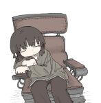  1girl brown_hair brown_pants chair closed_eyes facing_viewer feet_out_of_frame grey_shirt head_on_arm leaning_to_the_side long_sleeves medium_hair open_mouth original pants shirt simple_background sleeping sleeping_upright solo torosakana white_background 