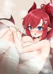  1girl :3 :d blue_archive blue_eyes blush breasts commentary_request dutch_angle hair_ornament halo indoors knees_up large_breasts looking_at_viewer megu_(blue_archive) nude partially_submerged pointy_ears ponytail red_hair rumiya9i sitting smile solo tail water 