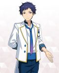  1boy arm_behind_back blue_hair closed_mouth cowboy_shot dark_blue_hair diamond_brooch dot_nose ensemble_stars! fushimi_yuzuru gradient_necktie happy_elements jacket lapels long_sleeves looking_at_viewer male_focus mole mole_under_eye notched_lapels official_art open_clothes open_jacket outstretched_hand purple_eyes short_bangs short_hair sleeves_past_elbows solo split_mouth third-party_source 