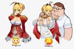  1boy 1girl ahoge blonde_hair breasts brown_hair cleavage cleft_chin closed_mouth crossover double_chin dress emoji family_guy fat fat_man fate/grand_order fate_(series) green_eyes hair_bun hair_intakes hetero kowai_(iamkowai) large_breasts looking_at_viewer meme nero_claudius_(fate) open_mouth peter_griffin puffy_sleeves red_shirt shirt short_hair single_hair_bun smile very_short_hair white_dress 