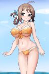  1girl absurdres ahoge bikini blue_sky breasts brown_hair chougei_(kancolle) cleavage cloud collarbone day feet_out_of_frame front-tie_bikini_top front-tie_top hair_ribbon hair_rings highres horizon kantai_collection large_breasts long_hair maru_(marg0613) ocean official_alternate_costume orange_bikini outdoors ribbon sky solo standing swimsuit 