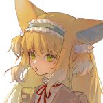  1girl :o absurdres animal_ear_fluff animal_ears arknights blonde_hair blue_hairband brown_jacket commentary_request fox_ears frilled_hairband frills green_eyes hair_between_eyes hairband highres jacket long_hair multicolored_hair neck_ribbon parted_lips red_ribbon ribbon shirt simple_background solo suzuran_(arknights) suzuran_(spring_praise)_(arknights) teeth two-tone_hair two_side_up upper_body upper_teeth_only white_background white_hair white_shirt yanwuyouzaizuoshenme 