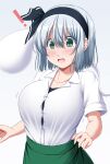 ! 1girl :o black_hairband black_undershirt blush breast_expansion breasts bursting_breasts button_gap collarbone commentary_request dress_shirt gradient_background green_eyes green_skirt grey_background hair_between_eyes hairband highres konpaku_youmu konpaku_youmu_(ghost) large_breasts nori_tamago open_mouth shirt short_hair short_sleeves simple_background skirt solo sweatdrop touhou white_hair white_shirt 