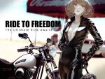  1girl biker_clothes bikesuit black_gloves blue_eyes blurry blurry_background bodysuit breasts brown_hair commentary_request day depth_of_field english_text glint gloves ground_vehicle hand_on_own_hip helmet highres holding holding_helmet idolmaster idolmaster_cinderella_girls kaoming light_brown_hair lips long_sleeves looking_afar medium_breasts mole mole_under_eye motor_vehicle motorcycle outdoors parted_lips partially_unzipped short_hair solo sweat takagaki_kaede zipper_pull_tab 