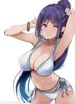  1girl arms_up bangle bare_shoulders bikini bracelet breasts cleavage closed_mouth collarbone cowboy_shot gengoroh highres jewelry large_breasts layered_bikini leaning_forward light_blush looking_at_viewer love_live! love_live!_sunshine!! matsuura_kanan navel one_eye_closed parted_bangs ponytail purple_eyes purple_hair side-tie_bikini_bottom simple_background smile solo swimsuit white_background 