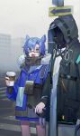  1boy 1girl :d absurdres animal_ears arknights black_coat black_scarf blue_eyes blue_hair blue_jacket blue_nails building chinese_commentary coat commentary_request crosswalk cup disposable_cup doctor_(arknights) fang_(arknights) fang_(cruciata)_(arknights) fingernails fog fur-trimmed_jacket fur_trim gloves grey_gloves highres holding holding_cup hood hood_up hooded_coat horse_ears horse_girl jacket layered_sleeves locked_arms long_sleeves looking_at_viewer male_doctor_(arknights) nail_polish official_alternate_costume open_mouth outdoors rectangular_eyewear road scarf semi-rimless_eyewear short_hair smile teeth tongue tugay upper_teeth_only 