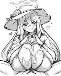  1boy 1girl :q bikini blue_archive blush breasts cum cum_on_body cum_on_breasts facial flower greyscale halo hat hat_flower heart heart_hands hetero kanno_takanori large_breasts long_hair monochrome nonomi_(blue_archive) nonomi_(swimsuit)_(blue_archive) paizuri paizuri_under_clothes sun_hat swimsuit tongue tongue_out 