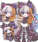  1girl :p ;q animal_ears artist_name bare_shoulders black_dress blue_eyes blush_stickers breasts brown_hair cat_ears detached_sleeves doll dress drill_hair fake_animal_ears fang gwen_(league_of_legends) heterochromia large_breasts league_of_legends metaru_ka_no_n_23 multiple_views one_eye_closed red_eyes scissors smile soul_fighter_gwen star_(symbol) star_in_eye striped_sleeves symbol_in_eye teeth tongue tongue_out twin_drills twintails upper_teeth_only v white_background white_dress white_hair 