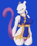  2_horns anthro asian_clothing big_breasts blue_background blue_clothing breasts clothed clothing digital_media_(artwork) featureless_crotch female frown generation_1_pokemon grey_body grey_skin hi_res horn legendary_pokemon looking_away looking_off_screen martial_arts_style_mewtwo mewtwo narrowed_eyes nintendo patreon pokemon pokemon_(species) pokemon_unite purple_eyes purple_tail rottenarmor simple_background solo standing tail thick_thighs wide_hips 