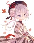 1girl black_headwear character_request closed_mouth copyright_request flower from_side hair_flower hair_ornament hat japanese_clothes kimono leaf long_hair mizumizu_(phoenix) purple_eyes simple_background sinoalice solo striped striped_kimono white_background white_hair 