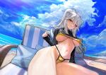  1girl :q animal_ears beach beach_chair bikini bikini_pull blue_eyes blue_sky blush breasts clothes_pull cloud day eyelashes gold_bikini grey_hair hair_between_eyes highres hololive large_breasts lion_ears lion_girl long_hair long_sleeves looking_at_viewer ocean outdoors ponytail shishiro_botan sitting sky solo sweat swimsuit thighs tongue tongue_out urokong virtual_youtuber 