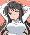  1girl artist_name black_hair blush breasts closed_mouth collared_shirt kantai_collection large_breasts long_hair long_sleeves looking_at_viewer moti_coi multicolored_hair naganami_(kancolle) one-hour_drawing_challenge orange_background shirt signature simple_background solo upper_body wavy_hair white_shirt yellow_eyes 