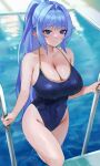  1girl absurdres bare_shoulders blue_eyes blue_hair blue_one-piece_swimsuit breasts cleavage closed_mouth collarbone commission covered_navel from_above gompang_11 hair_intakes highleg highleg_swimsuit highres large_breasts long_hair looking_at_viewer one-piece_swimsuit original pointy_ears ponytail pool pool_ladder poolside second-party_source sidelocks smile solo swimsuit 