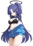  1girl absurdres black_bra black_shirt blue_archive blue_buruma blue_eyes blue_jacket blush bra breasts buruma gym_uniform halo highres jacket jacket_partially_removed long_hair looking_at_viewer nogong official_alternate_costume partially_unzipped ponytail purple_eyes purple_hair shirt short_sleeves simple_background solo sticker_on_face sweat thighs track_jacket underwear very_long_hair white_background yuuka_(blue_archive) yuuka_(gym_uniform)_(blue_archive) 