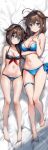  2girls absurdres ahoge arm_under_breasts ass_visible_through_thighs barefoot bed_sheet bikini black_bikini blue_bikini blue_eyes braid breasts brown_hair commentary_request dual_persona eckert&amp;eich feet hair_between_eyes hair_flaps hair_over_shoulder hand_on_own_chest height_difference highres kantai_collection large_breasts legs long_hair looking_at_viewer lying medium_breasts multiple_girls navel official_alternate_costume on_back shigure_(kancolle) shigure_kai_ni_(kancolle) shigure_kai_san_(kancolle) signature single_braid smile swimsuit thigh_strap toenails toes 